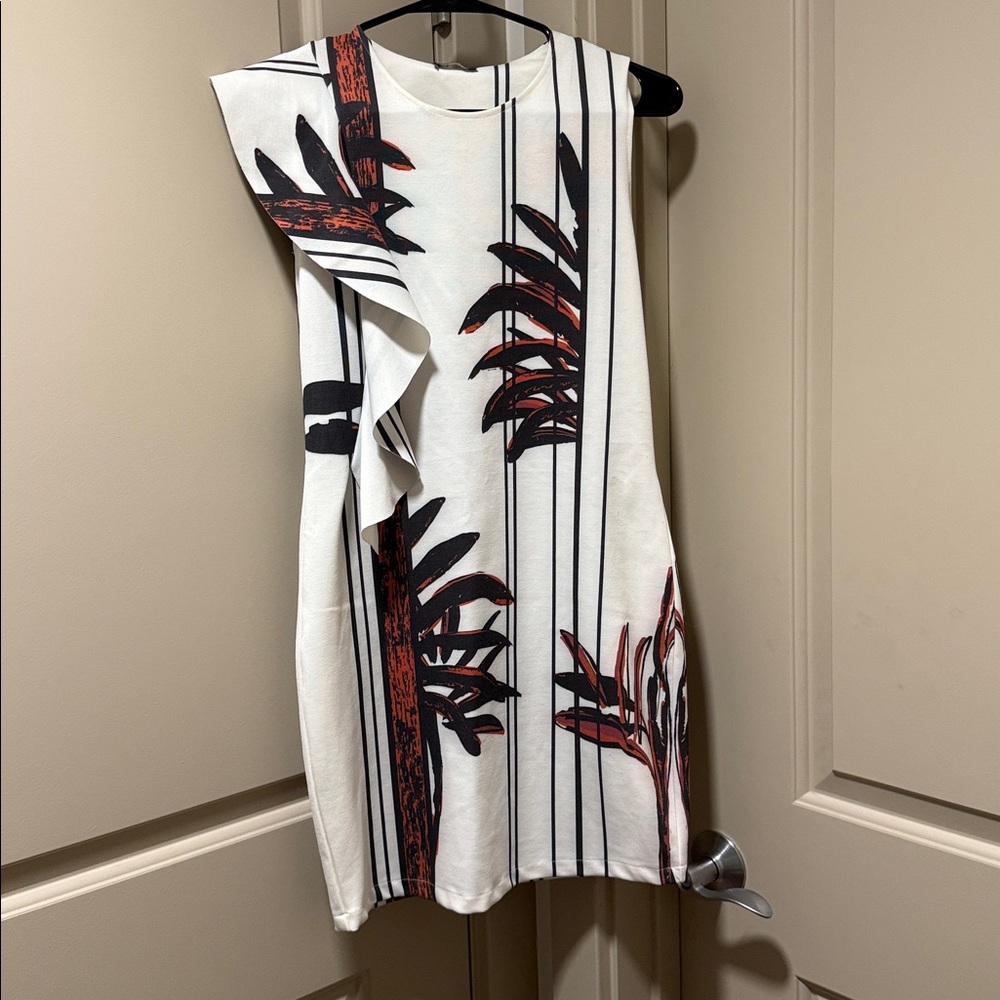 Zara White Dress with Black and Red Leaf Print